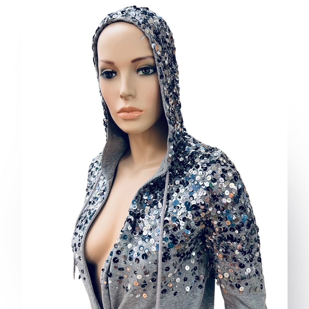 LOVE MOSCHINO METALLIC Sequins Silver Hoodie Size 2 US 96% Cotton 4% Elastane - Picture 6 of 16